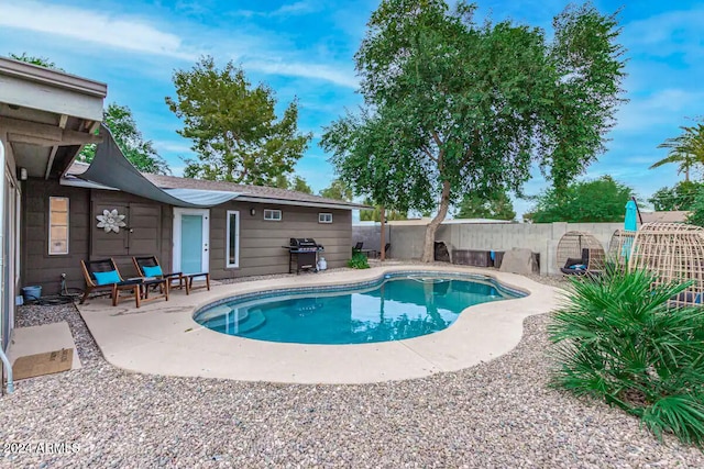 view of swimming pool featuring a patio area and a grill