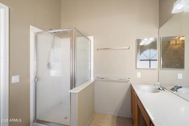 bathroom featuring tile patterned flooring, a shower stall, vanity, and baseboards