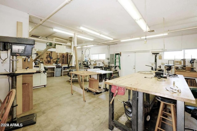 basement with a wealth of natural light and a workshop area