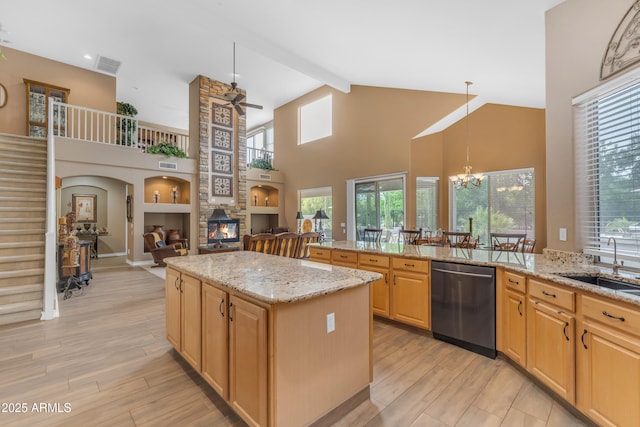 9702 E Naranja Ave, Mesa, AZ 85209 - kitchen with dishwasher, ceiling fan, high vaulted ceiling, a sink, and plenty of natural light