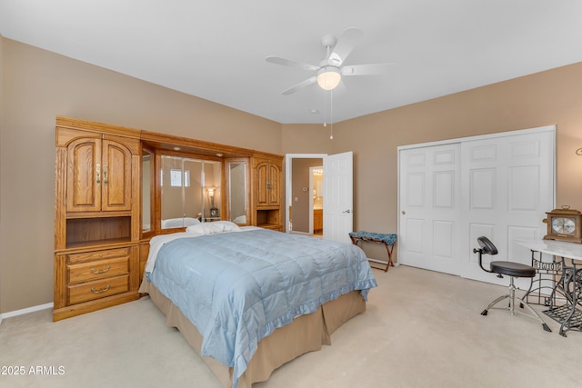 9702 E Naranja Ave, Mesa, AZ 85209 - bedroom featuring light carpet, a closet, ceiling fan, and baseboards