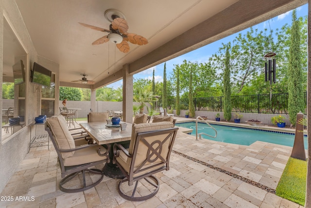 9702 E Naranja Ave, Mesa, AZ 85209 - fenced backyard with ceiling fan, a patio, and outdoor dining space