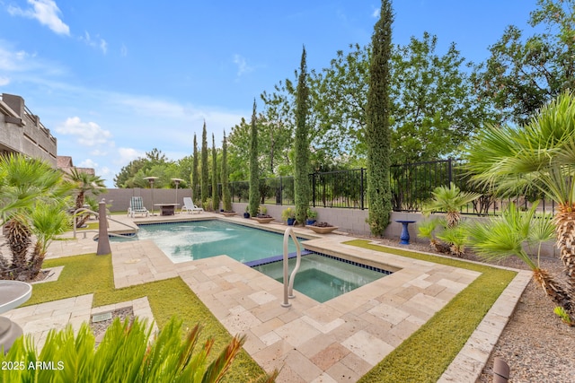 9702 E Naranja Ave, Mesa, AZ 85209 - view of pool with an in-ground hot tub, a patio area, and a fenced backyard