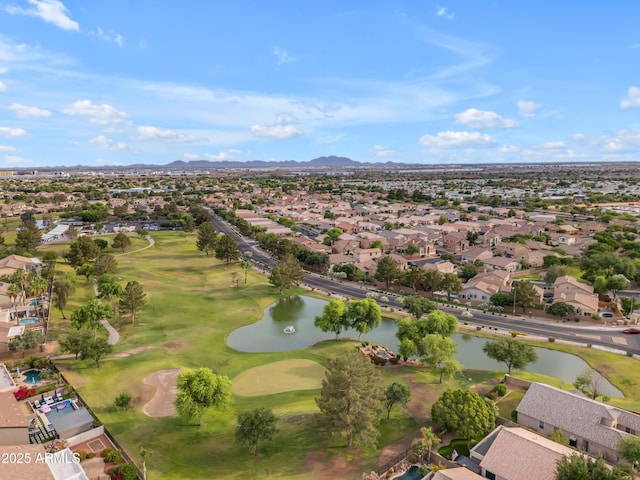 9702 E Naranja Ave, Mesa, AZ 85209 - aerial overview of property's location featuring nearby suburban area, a water and mountain view, and a golf course