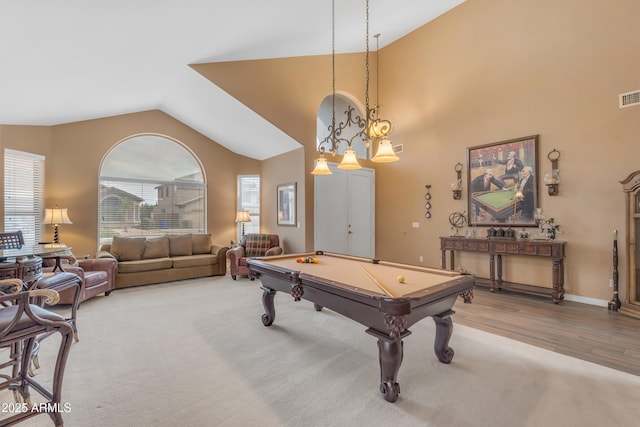 9702 E Naranja Ave, Mesa, AZ 85209 - game room with lofted ceiling, billiards table, light colored carpet, and baseboards