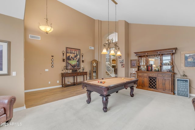 9702 E Naranja Ave, Mesa, AZ 85209 - recreation room featuring high vaulted ceiling, light carpet, billiards table, baseboards, and a chandelier