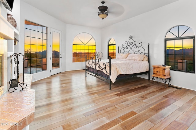 bedroom featuring multiple windows, light wood-type flooring, and ceiling fan