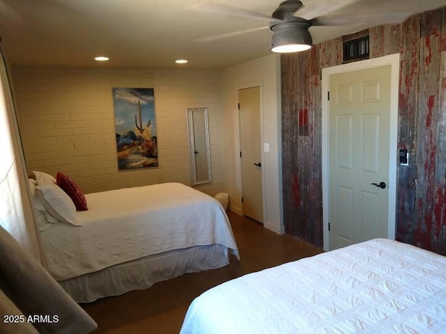 bedroom featuring recessed lighting, visible vents, and ceiling fan