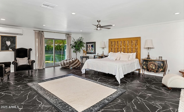 bedroom featuring access to exterior, marble finish floor, crown molding, and a wall mounted air conditioner