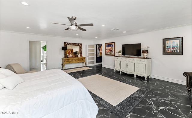 bedroom featuring marble finish floor, baseboards, visible vents, and ornamental molding