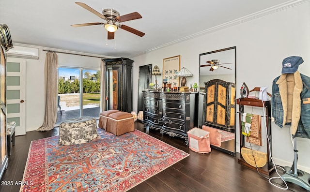 bedroom featuring crown molding, a ceiling fan, an AC wall unit, wood finished floors, and access to outside