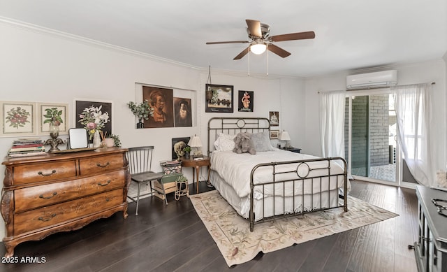 bedroom featuring dark wood-type flooring, an AC wall unit, and ornamental molding