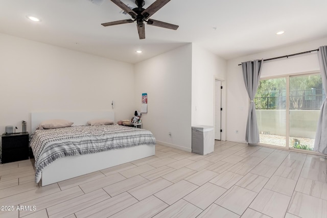 bedroom with access to exterior, ceiling fan, baseboards, and recessed lighting