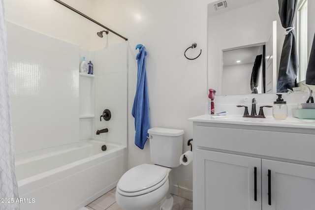 bathroom with toilet, vanity, visible vents, and shower / bathtub combination with curtain