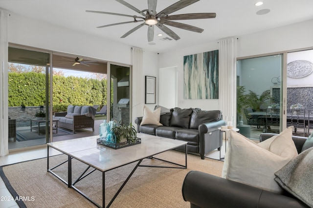 living room featuring light tile patterned flooring