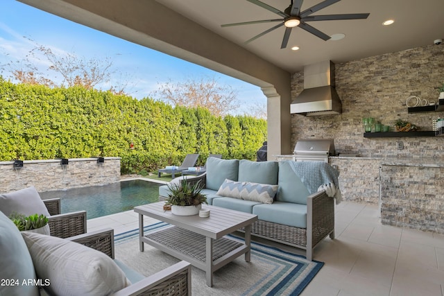 view of patio / terrace with ceiling fan, exterior kitchen, an outdoor hangout area, and grilling area