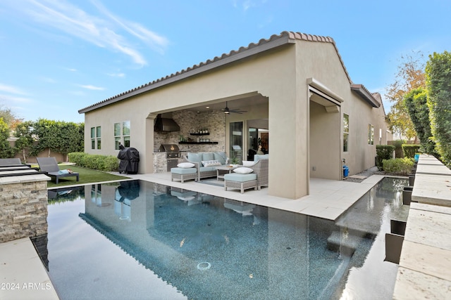 view of swimming pool featuring area for grilling, a patio area, ceiling fan, and an outdoor hangout area