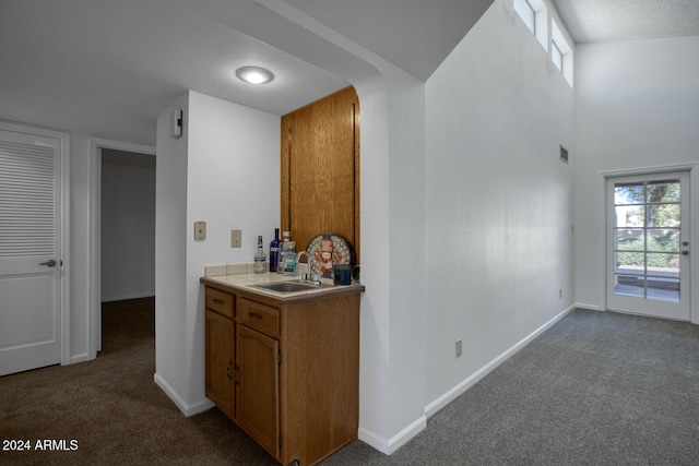 bar with a textured ceiling, dark carpet, and sink