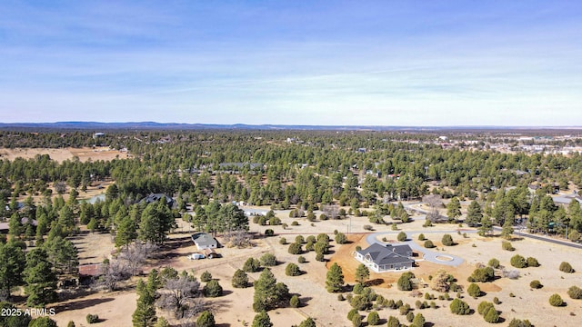 bird's eye view with a wooded view