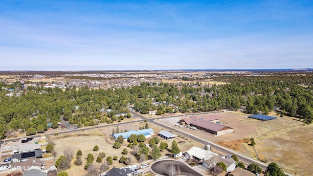 drone / aerial view featuring a wooded view