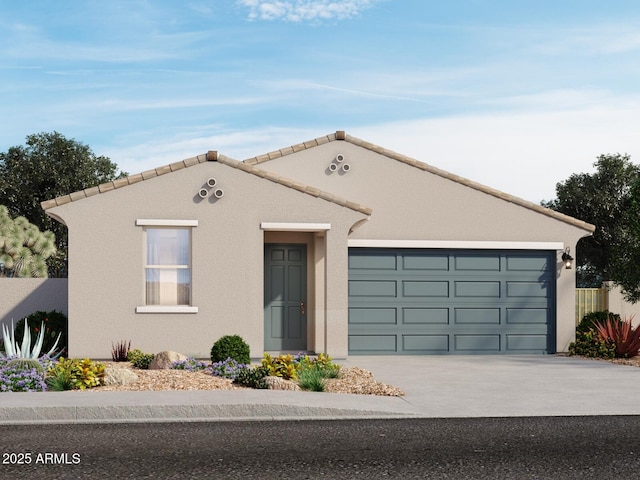 3352 E Ellie Trl, San Tan Valley, AZ 85143 - mediterranean / spanish home featuring an attached garage, concrete driveway, and stucco siding