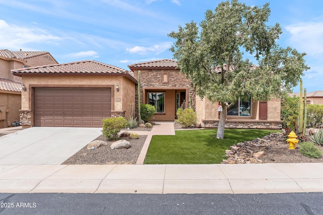 view of front facade featuring stone siding, an attached garage, stucco siding, driveway, and a front lawn