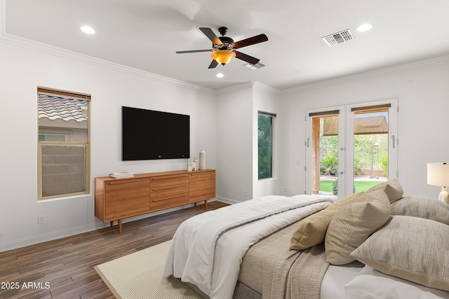 bedroom featuring access to outside, wood finished floors, french doors, baseboards, and recessed lighting