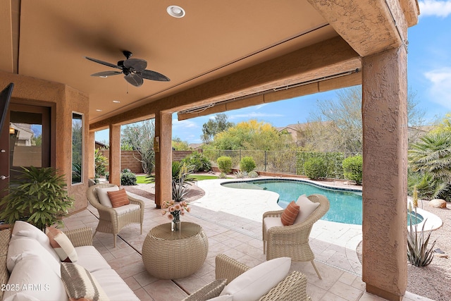 view of patio / terrace featuring a ceiling fan and a fenced backyard