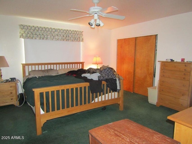 bedroom with a closet, dark colored carpet, and ceiling fan