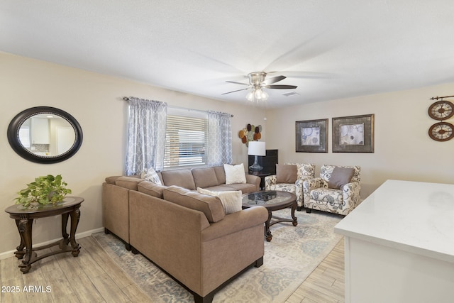 living room featuring ceiling fan and light hardwood / wood-style flooring