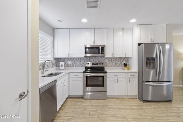 kitchen with sink, stainless steel appliances, white cabinetry, and tasteful backsplash