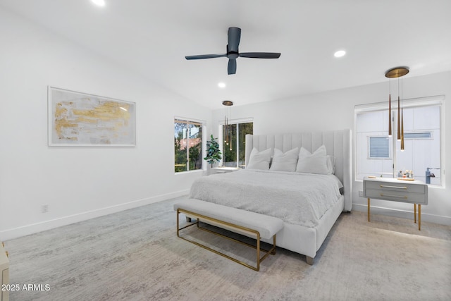 bedroom featuring ceiling fan and vaulted ceiling