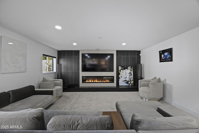 living room with a large fireplace