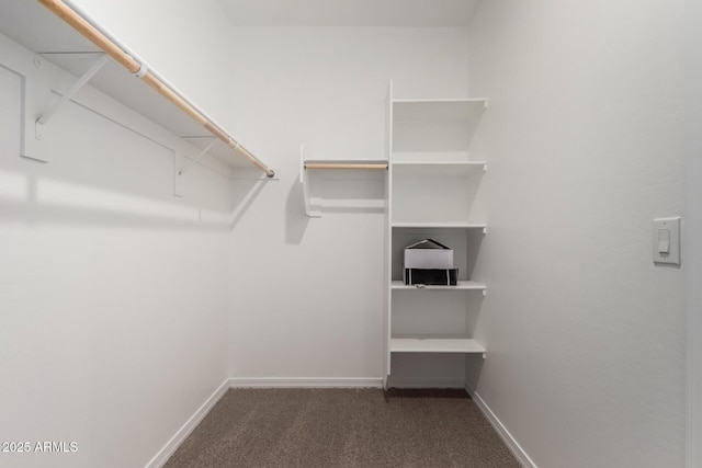 walk in closet featuring dark carpet