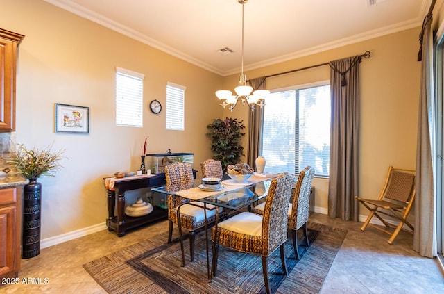 tiled dining space with ornamental molding and an inviting chandelier