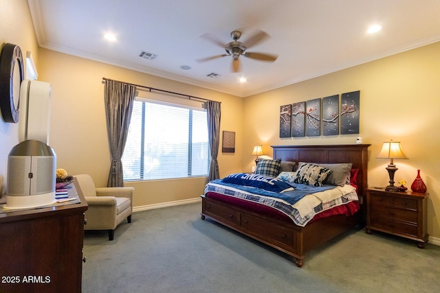 carpeted bedroom featuring ceiling fan and ornamental molding