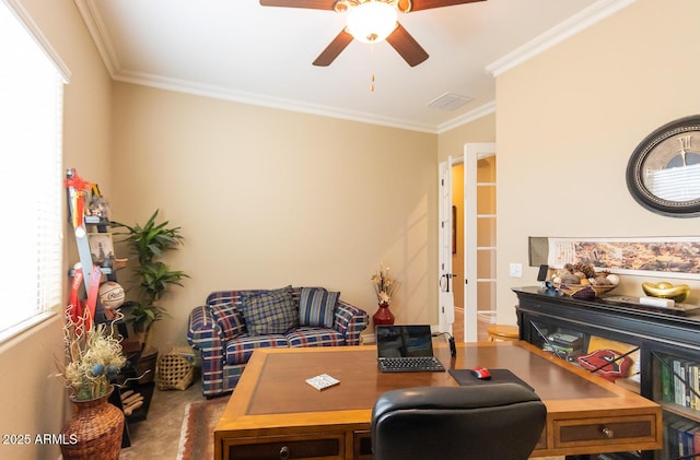 home office featuring ornamental molding and ceiling fan