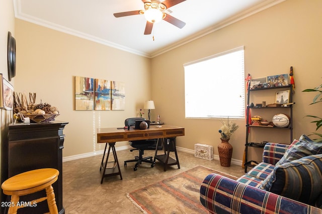 office with ornamental molding and ceiling fan