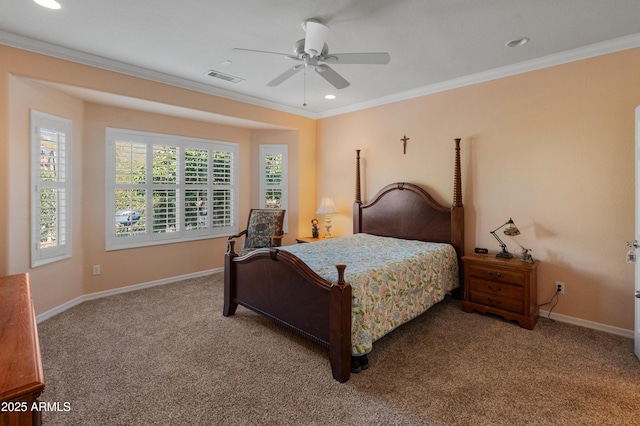 carpeted bedroom featuring ornamental molding and ceiling fan