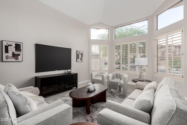 living area featuring a wealth of natural light, baseboards, high vaulted ceiling, and wood finished floors