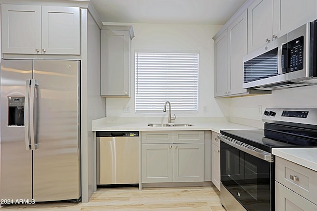 kitchen with sink, stainless steel appliances, and light wood-type flooring