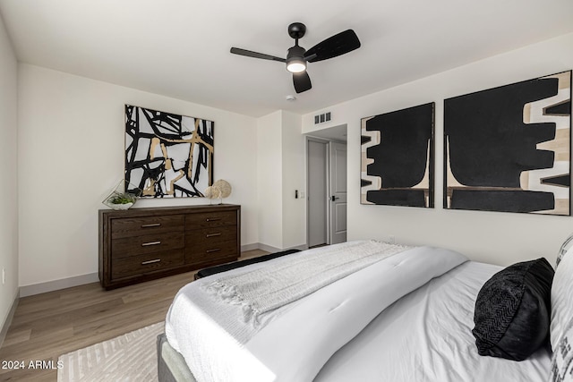 bedroom with ceiling fan and light wood-type flooring