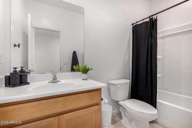 full bath with vanity, shower / bathtub combination with curtain, tile patterned flooring, and toilet