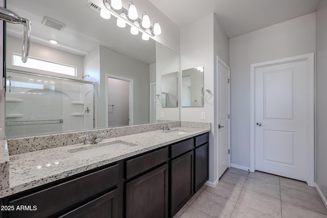 bathroom featuring baseboards, a shower with shower door, a sink, and visible vents