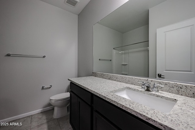 bathroom with vanity, tile patterned floors, walk in shower, toilet, and visible vents