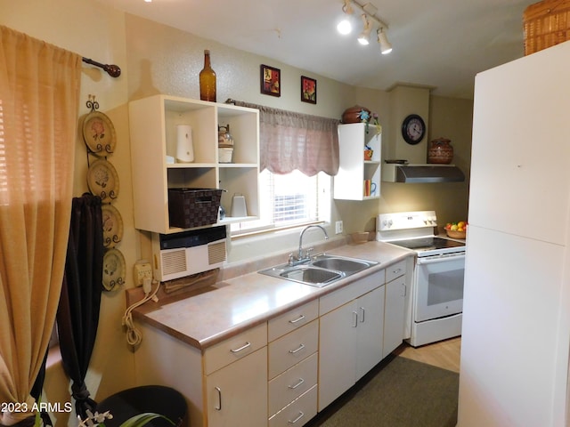 kitchen featuring white electric stove, open shelves, a sink, light countertops, and under cabinet range hood