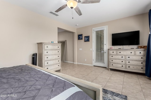 bedroom with visible vents, access to outside, light tile patterned floors, baseboards, and ceiling fan