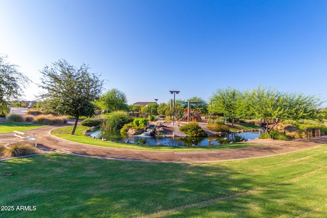 view of community featuring playground community and a yard