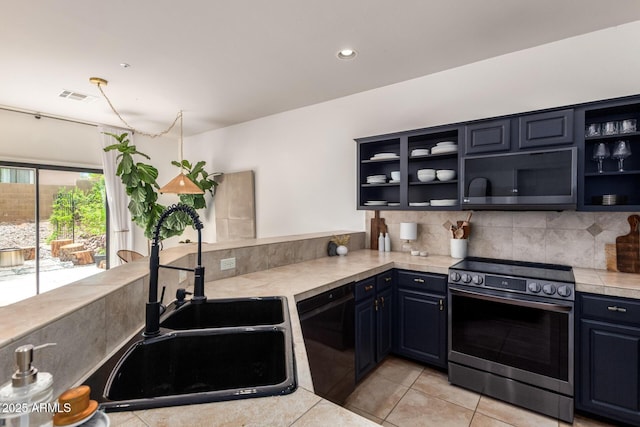 12642 N Mountainside Dr Unit B, Fountain Hills, AZ 85268 - kitchen featuring appliances with stainless steel finishes, a sink, open shelves, backsplash, and light countertops