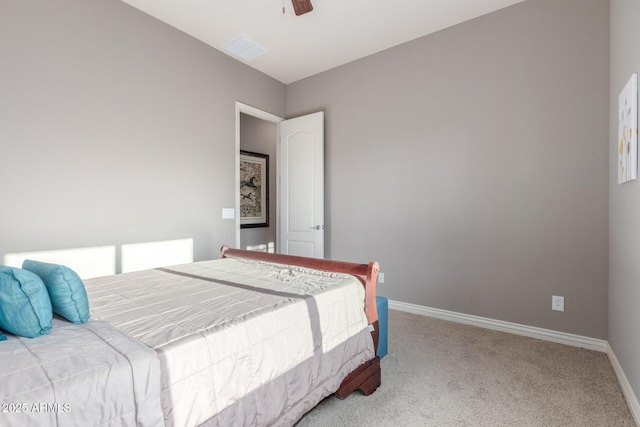 bedroom with carpet flooring, baseboards, and ceiling fan